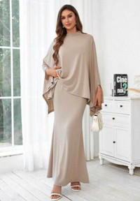 New Ladies Solid Color Batwing Sleeve Top And Skirt Set (Beige)M