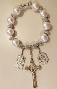 Rosary Bracelet In White Large Beads Patron of Stress, Anxiety