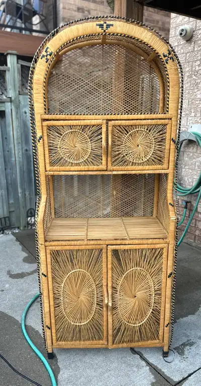 vintage wicker rattan sunburst etagere or bookshelf, View more
