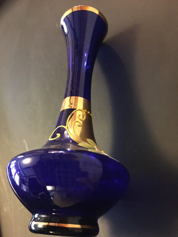Bohemian Cobalt Blue Glass Vase with 22k Gold-Flowers 3.5 -7.3 in Arts & Collectibles in City of Toronto