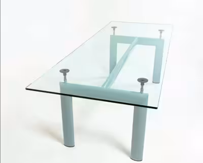 Thick 4' by 8' glass top is still in crate. Includes 8 Metal & Plastic chairs. Cassina LC6 table by...