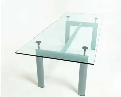 Thick 4' by 8' glass top is still in crate. Includes 8 Metal & Plastic chairs. Cassina LC6 table by...
