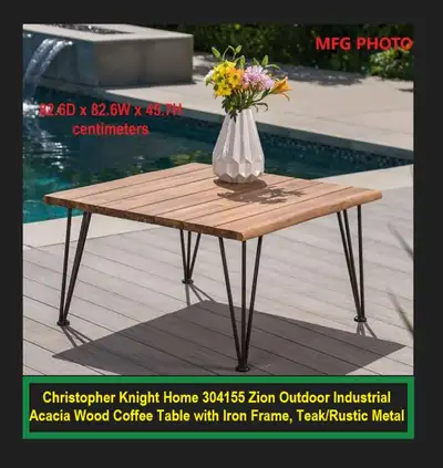 (NEW) Zion Outdoor Acacia Wood Table Iron Frame Teak Rustic, View more