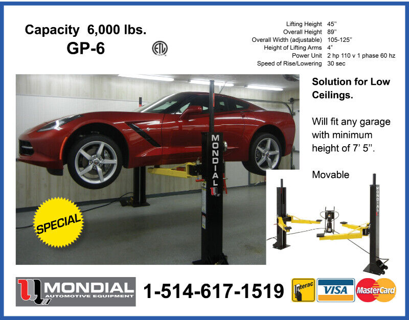 GP6 MONDIAL 2 Post Mobile Car Lift 6,000Lbs CSA Certified 110V Other Kingston Kijiji