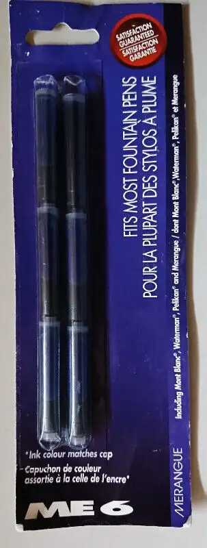 Brand New Merangue Fountain Pen Blue Ink Cartridge Refills, 6/Pk