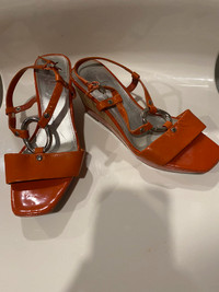 Franco Sarto Orange Patent Cork Wedge Sandals - 6.5M