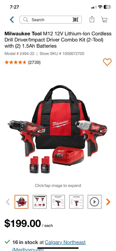 Milwaukee m12 drill driver/impact kit combo  with 1.5 ah battery, View more