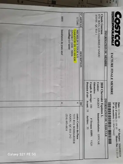 Pneus (2) Michelin, 225/65R17, 50,000 km, achetés chez Costco en 2021, installés sur Equinox suv 201...