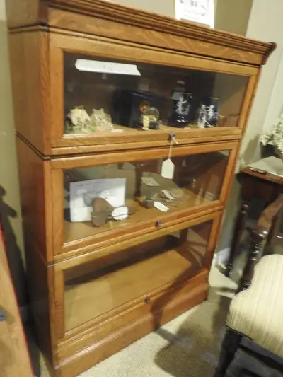 antique barrister bookcase, light oak, 3 level, restored, View more