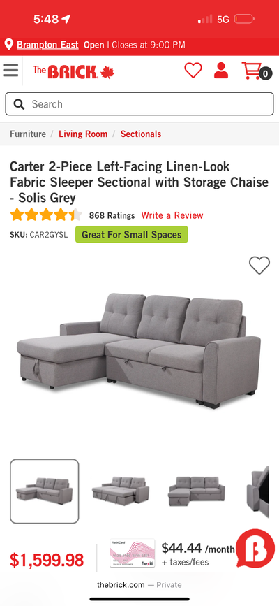 Selling my Carter 2-piece left-facing sleeper sectional in Solis Grey from The Brick. It’s in great...
