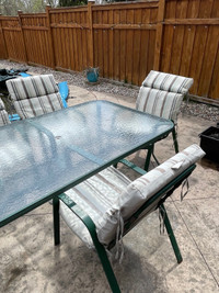 patio set, 5 chairs, table, cushions
