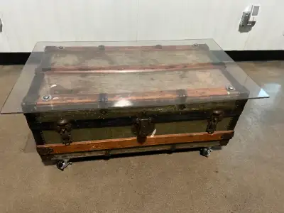 Vintage Trunk Coffee Table with Glass Top, View more
