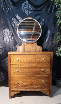 Solid oak antique dresser with mirror