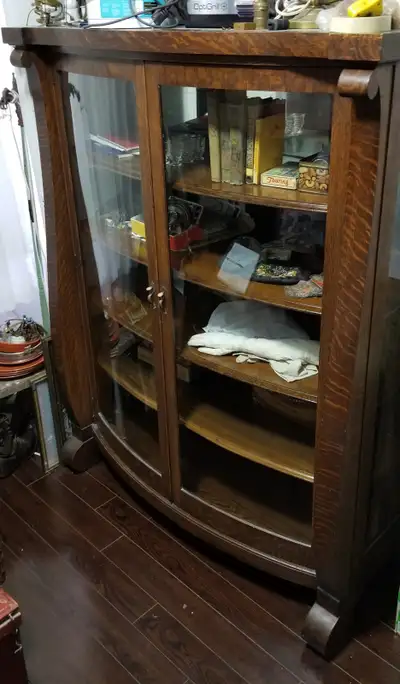 Empire bow front oak display cabinet glass doors & sides c1900, View more