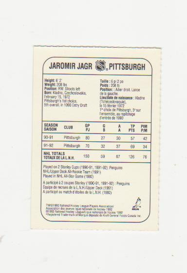 Carte Hockey 1992-93 Kraft Singles Slices Jaromir Jagr (A648) dans Art et objets de collection  à Laval/Rive Nord - Image 2