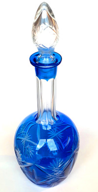 Vintage 1950s Cobalt Blue Bohemian Crystal Cut Decanter with Sto