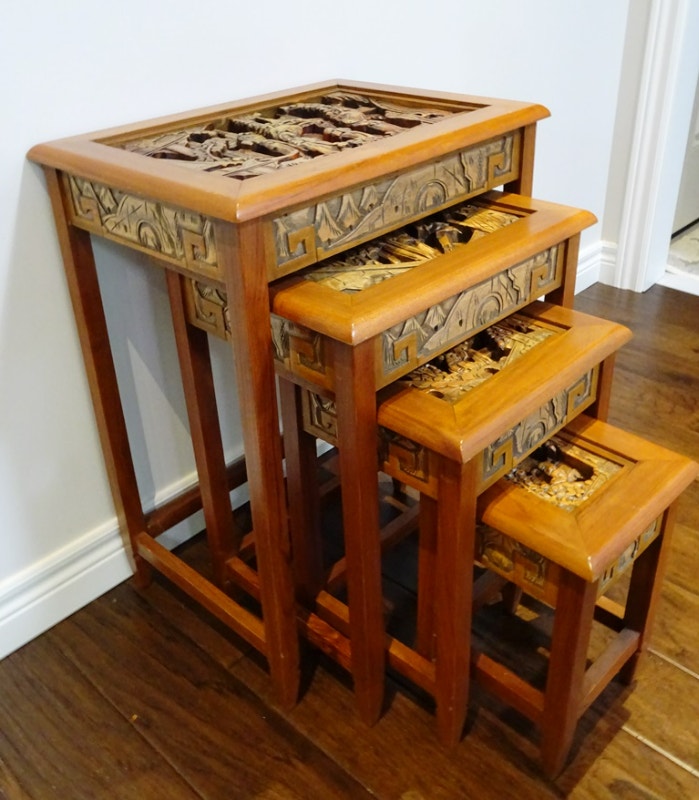 CHINESE carved NESTING TABLES deep relief HARDWOOD 1950s X4 Arts & Collectibles Markham