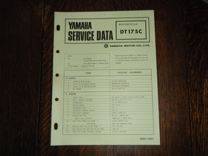 Yamaha DT 175C Motorcycle Service Data Booklet 90894 55921 for sale  