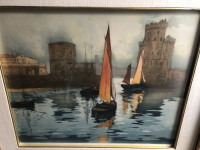 Signed Seaport Painting in Gallery Frame