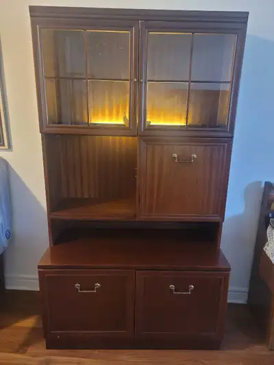 FREE Vintage Wooden Hutch – Lighted Display & Drop-Down Bar, View more