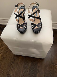 PRADA VERNICE SAFFIANO LEATHER SANDALS IN BLACK - SIZE 6.5