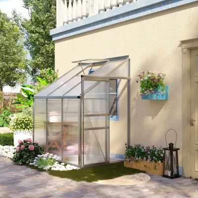 6' x 4' Aluminum Lean-to Greenhouse Polycarbonate Walk-in Garden Greenhouse with Adjustable Roof Ven...