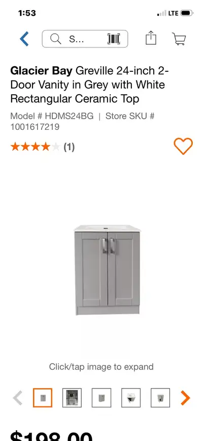 This is a Glacier Bay Greville 24-inch vanity in grey, complete with a white rectangular ceramic top...