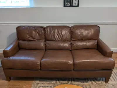 Leather sofa in great shape, clean and very comfortable. No rips or tears. No stains. Pets and smoke...