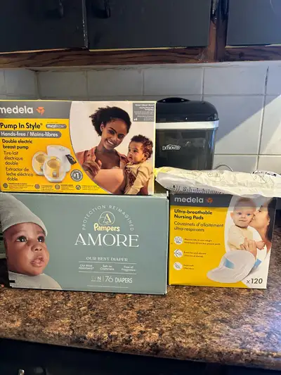 Pump, pads, milk storage bags and diapers, View more