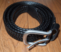 Black Men's Woven Leather Notchless Belt 42" Silver Tone Buckle