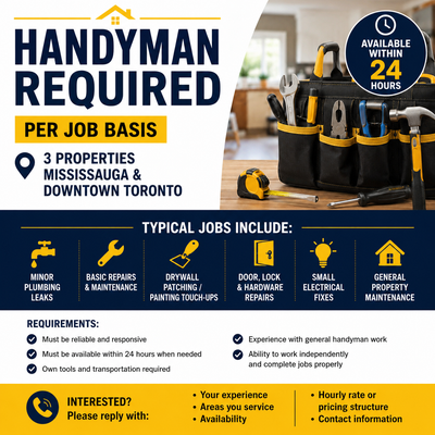 Handyman Needed – Per Job Basis (Mississauga & Downtown Toronto), View more