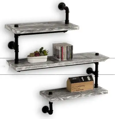 NEW-33.5 Inch Wall-Mounted Industrial Pipe Wood Shelves, View more