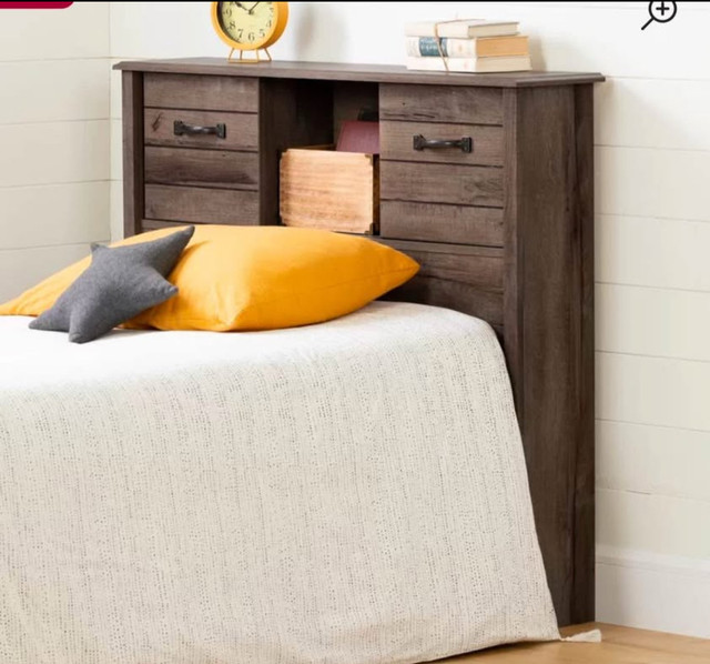 Twin bed Asten Bookcase Headboard fall oak brown storage in Beds & Mattresses in St. Catharines