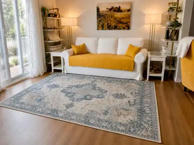 Antique Wash Medallion Area Rug in Ivory, Navy, and Sand, View more