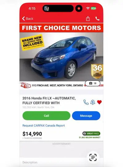 No car fax New battery 2026 march Honda Fit LX Hatchback is equipped with a reverse camera and Bluet...