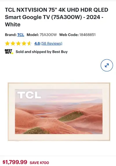 TCL NXTVISION 75" 4K UHD HDR QLED Smart Google TV - 2024 - White, View more