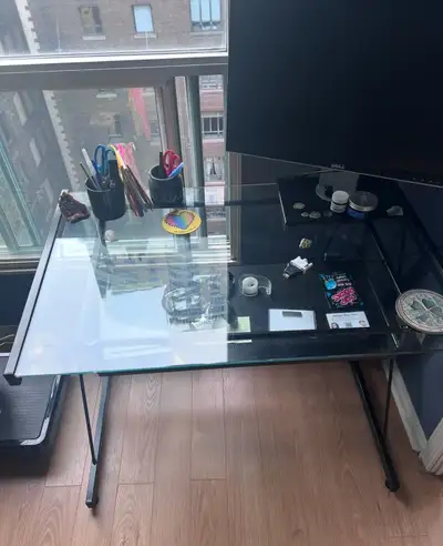 $150 Glass desk and work chair, View more