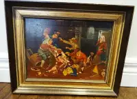 19thC oil painting POKER BRAWL allegory CARD GAME SCUFFLE