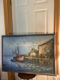 Lg Vtg Harbour/Seascape Oil Ptg on Canvas by Artist Florence 