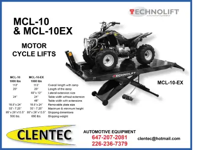 MOTORCYCLE LIFT - CLENTEC TECHNOLIFT MCL-10 - $1,700.00 + Tax Capacity - 1000 lb. Overall length wit...