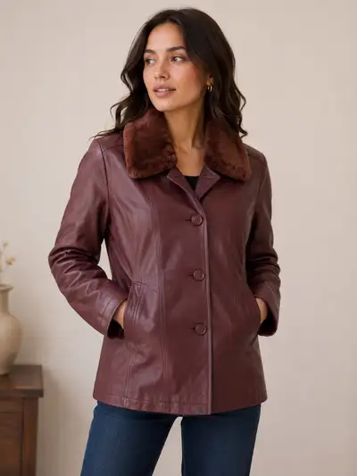 Women’s Leather Jacket with Faux Fur Collar , View more