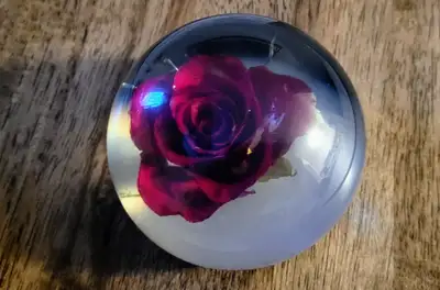 Handcrafted in Canada, vintage rose in acrylic paperweight. Made by Tarax Infinity Products. If inte...
