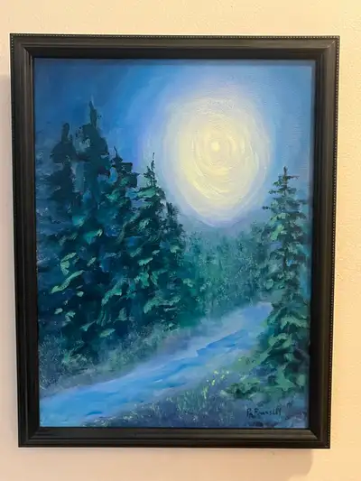 “Moonlit Evening”, 12x16, framed to 13.5x17.5 inches in a black solid wood frame. By local artist (s...