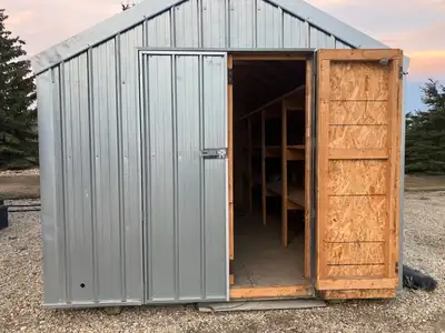 10 x16 shed pressure treat skids 2x6 shelving both sides clear ridge cap for interior light can be d...