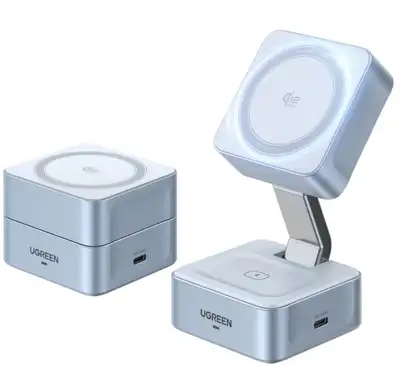 New, Open Box. UGREEN MagFlow 25W Qi2.2 Wireless Charging Station, 2-in-1 Cube Magsafe Portable Char...