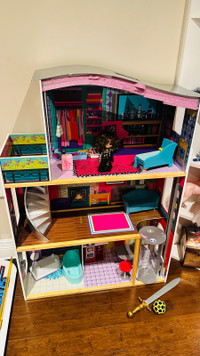 Large Barbie house, Barbies, cars and more