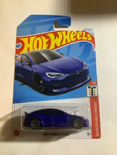 Hotwheels blue Tesla model S plaid from the quarter mile heroes series