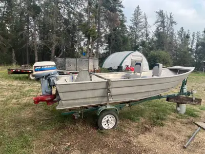 15’ welded aluminum river boat with Evenrude 35hp jet and Evenrude 20hp prop motor.