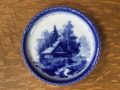 Vintage Winter Rural Scene Russian Plate Gzhel Pottery, 1990s, View more