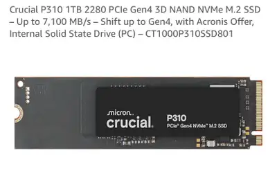 Crucial P310 1TB 2280 PCle Gen4 3D NAND NVMe M.2 SSD, View more